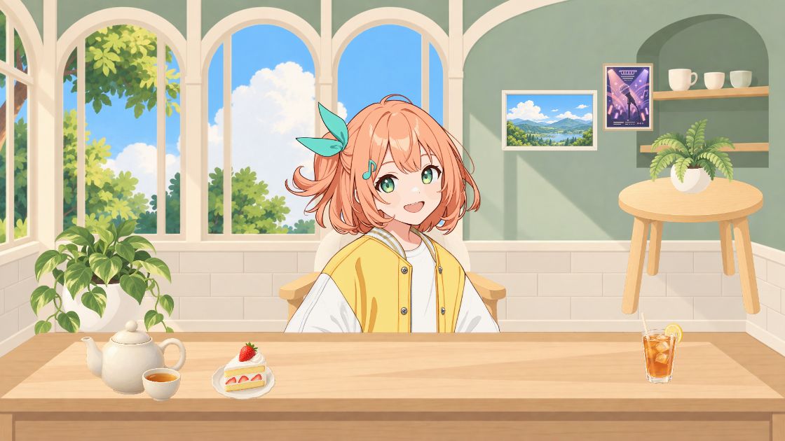 アーチ窓の明るいカフェで、ティーポットやケーキ、プリンを並べた机の奥で話すキャラクター。ポトスの鉢とサイドテーブル、壁のポスター