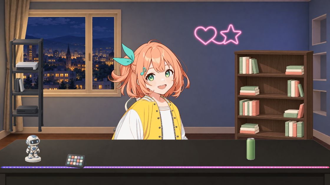 夜景の窓がある青い部屋で、黒い机にRGBキーボードとデュアルモニター、ガラス側板のPCを置いて座るキャラクター。ピンクのネオン、背の高い機材ラックと本棚