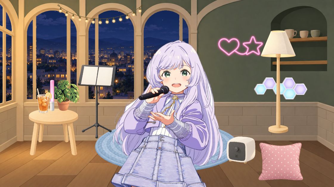夜景が見えるカフェで、ハンドマイクを持って歌うキャラクター。ネオンと六角形のライト、フロアランプ、丸いラグ、譜面台とペンライト