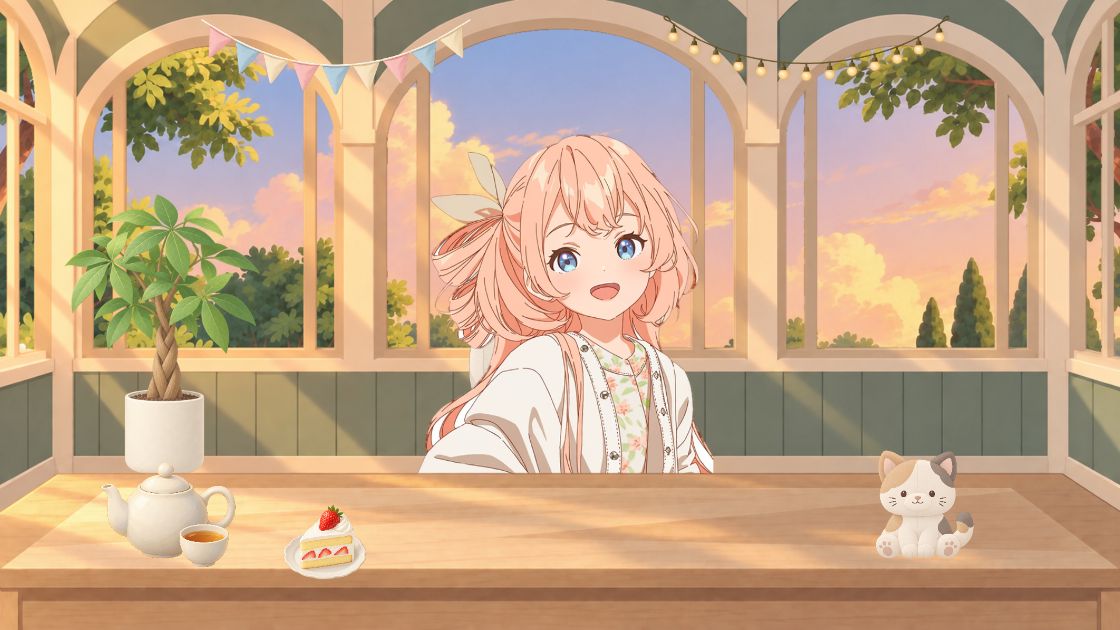 夕焼けのサンルームで、ガーランドと電球の下、ティーポットとクッキーを並べた机の奥で話すキャラクター。大きなパキラと猫のぬいぐるみ