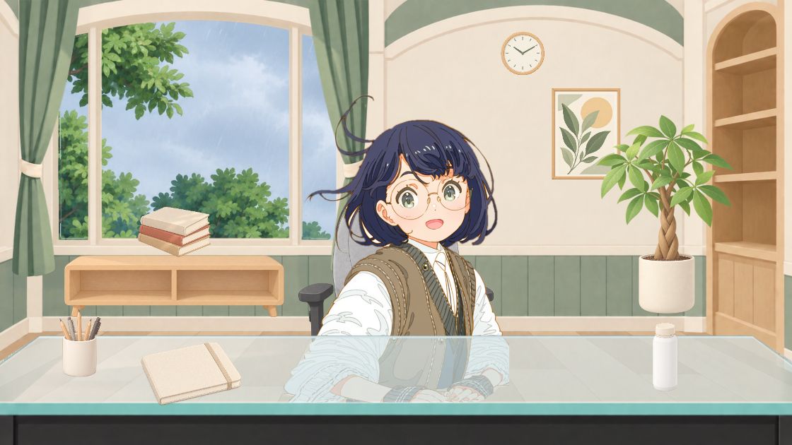 雨の窓と作り付けの本棚がある部屋で、ガラスの机に手帳や眼鏡、時計を並べて座るキャラクター。ローシェルフと大きなパキラ