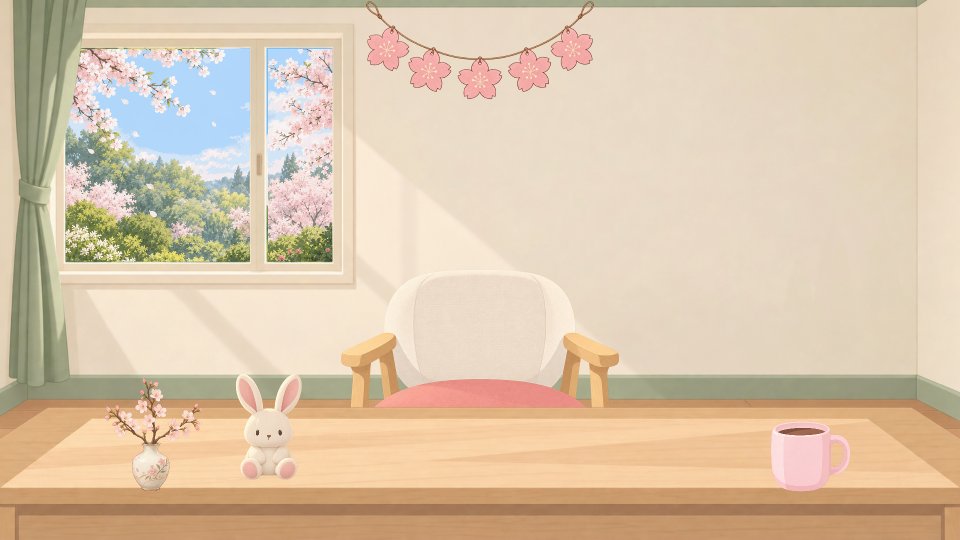 桜の見える窓と、桜の花瓶・ピンクのマグカップを置いた部屋