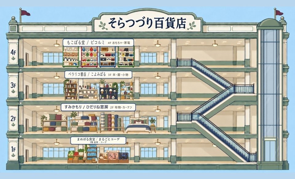 4 階建てのデパートを横から見た画面。各階に売り場とエスカレーター